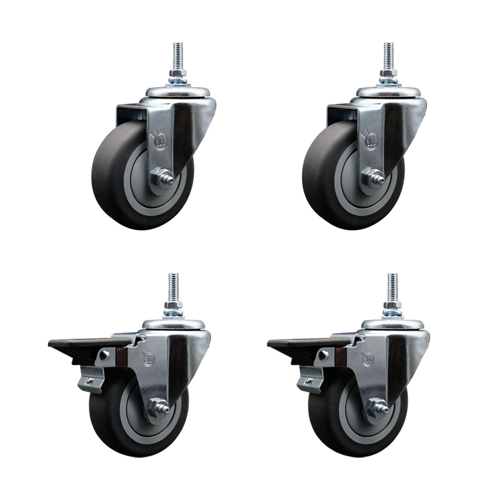 Thermoplastic Rubber Swivel Threaded Stem Caster Set of 4 - 3.5" x 1.25" Gray Wheels and 3/8" Stems - Includes 2 with Posi Locking Brake - 920 lbs Total Capacity - Service Caster Brand — photo 1