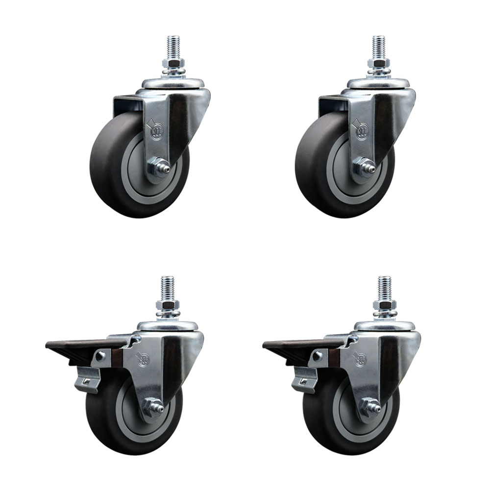 Thermoplastic Rubber Swivel Threaded Stem Caster Set of 4 - 3.5" x 1.25" Gray Wheels and 10MM Stems - Includes 2 with Posi Locking Brake - 920 lbs Total Capacity - Service Caster Brand — photo 1