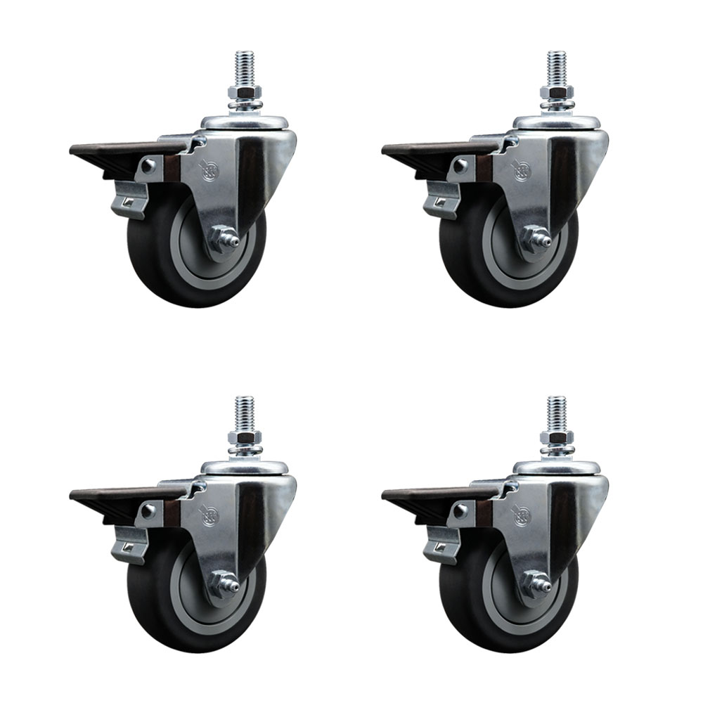 Thermoplastic Rubber Swivel Threaded Stem Caster Set of 4 w/3.5" x 1.25" Gray Wheels and 1/2" Stems - Includes 4 with Posi Lock Brakes - 920 lbs Total Capacity - Service Caster Brand — photo 1