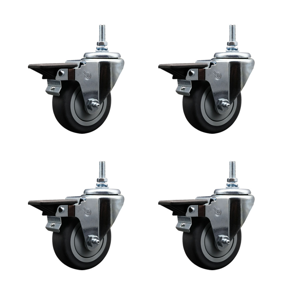 Thermoplastic Rubber Swivel Threaded Stem Caster Set of 4 w/3.5" x 1.25" Gray Wheels and 3/8" Stems - Includes 4 with Posi Lock Brakes - 920 lbs Total Capacity - Service Caster Brand — photo 1