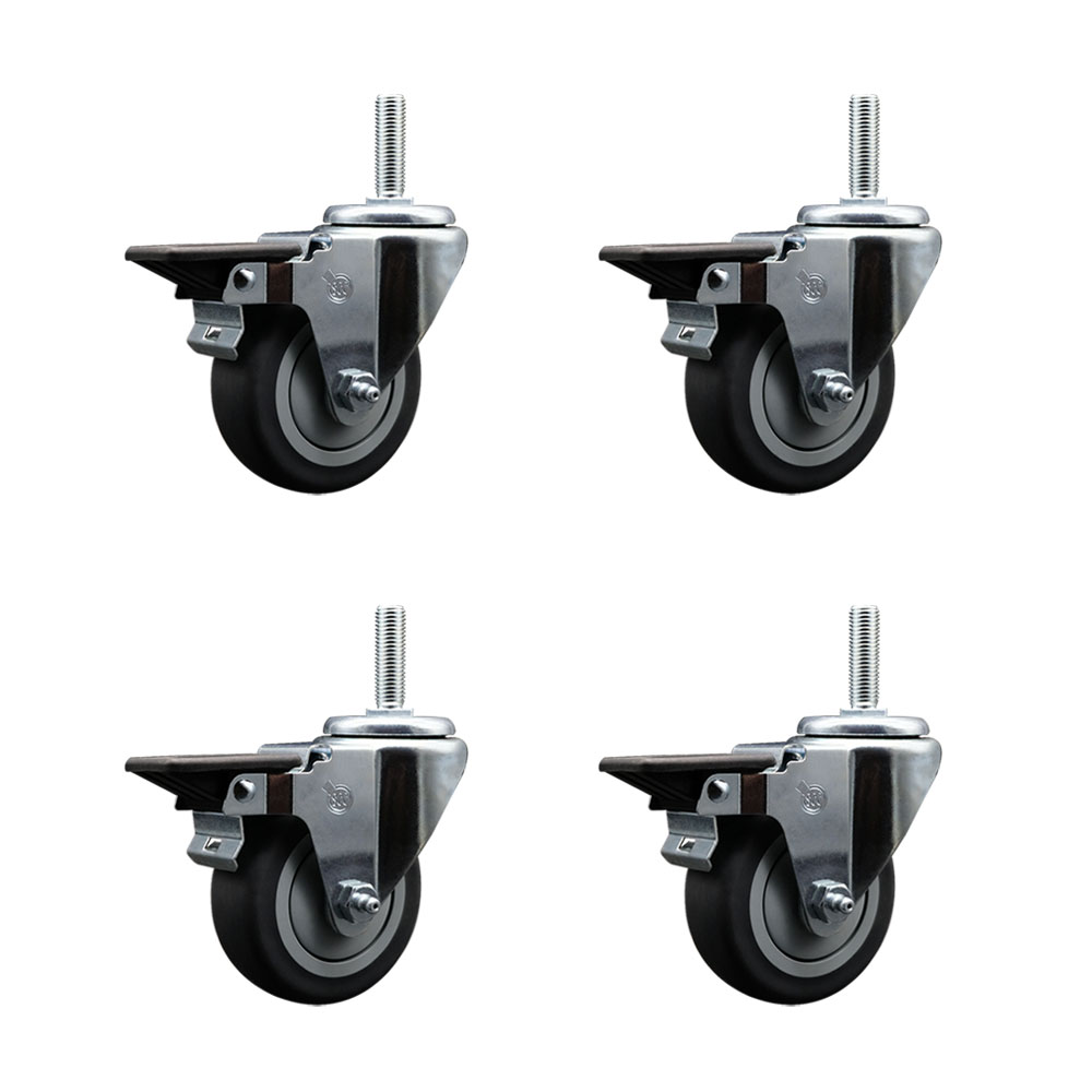 Thermoplastic Rubber Swivel Threaded Stem Caster Set of 4 w/3.5" x 1.25" Gray Wheels and 5/8" Stems - Includes 4 with Posi Lock Brakes - 920 lbs Total Capacity - Service Caster Brand — photo 1