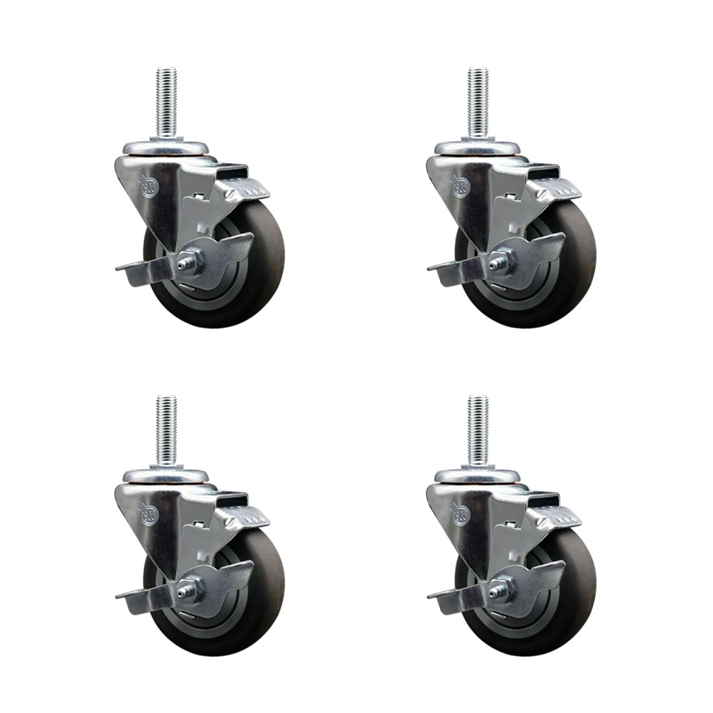 Thermoplastic Rubber Swivel Threaded Stem Caster Set of 4 w/3.5" x 1.25" Gray Wheels and 3/4" Stems - Includes 4 with Top Lock Brakes - 920 lbs Total Capacity - Service Caster Brand — photo 1