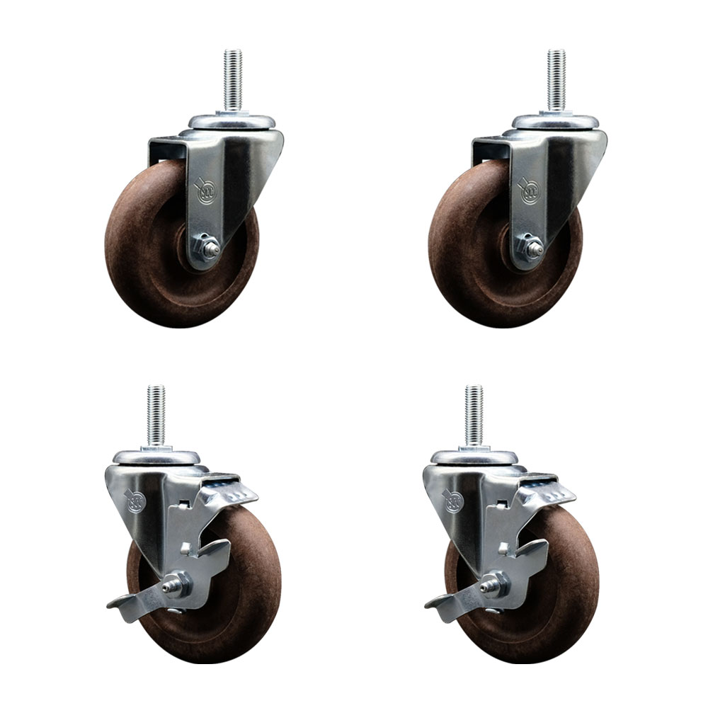 High Temp Glass Filled Nylon Swivel Threaded Stem Caster Set of 4 w/4" x 1.25" Brown Wheels and 3/4" Stems - Includes 2 with Top Locking Brake - 1400 lbs Total Capacity - Service Caster Brand — photo 1