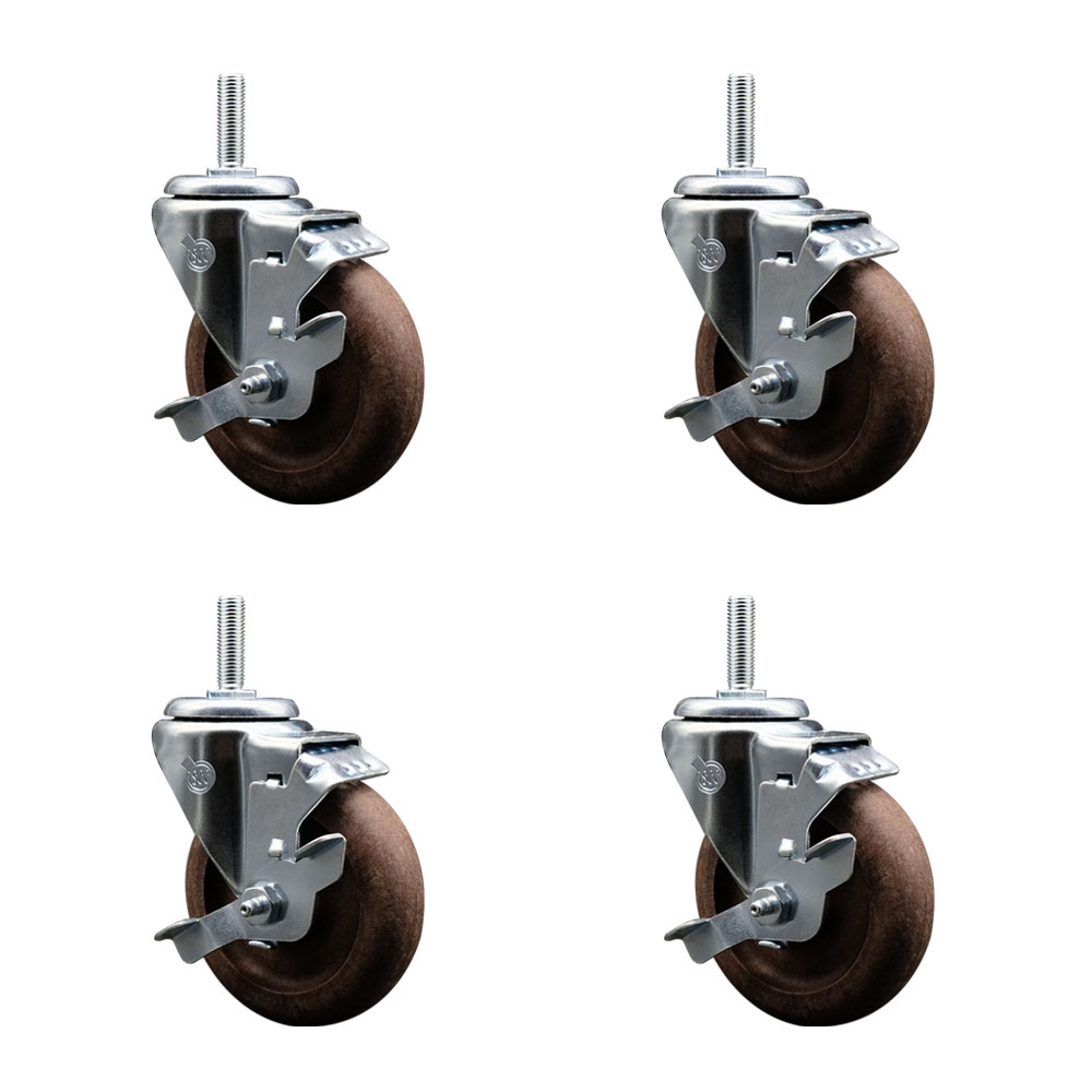 High Temp Glass Filled Nylon Swivel Threaded Stem Caster Set of 4 w/4" x 1.25" Brown Wheels and 5/8" Stems - Includes 4 with Top Lock Brakes - 1400 lbs Total Capacity - Service Caster Brand — photo 1