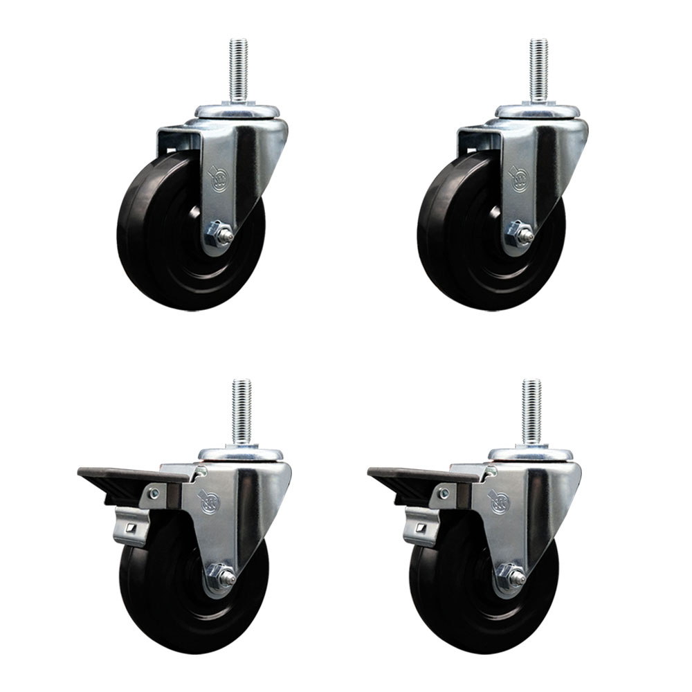 Soft Rubber Swivel Threaded Stem Caster Set of 4 w/4" x 1.25" Black Wheels and 3/4" Stems - Includes 2 with Posi Locking Brake - 800 lbs Total Capacity - Service Caster Brand — photo 1