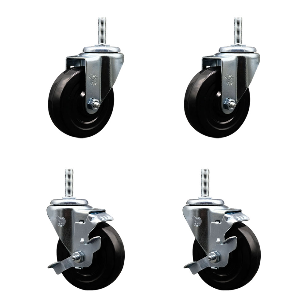 Hard Rubber Swivel Threaded Stem Caster Set of 4 w/4" x 1.25" Black Wheels and 3/4" Stems - Includes 2 with Top Locking Brake - 1,200 lbs Total Capacity - Service Caster Brand — photo 1