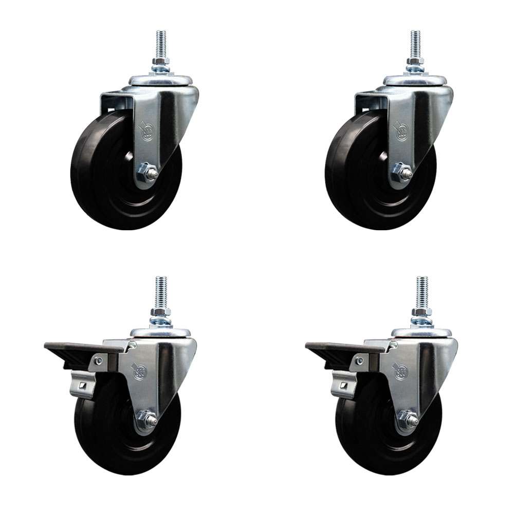 Hard Rubber Swivel Threaded Stem Caster Set of 4 w/4" x 1.25" Black Wheels and 3/8" Stems - Includes 2 with Posi Locking Brake - 1,200 lbs Total Capacity - Service Caster Brand — photo 1