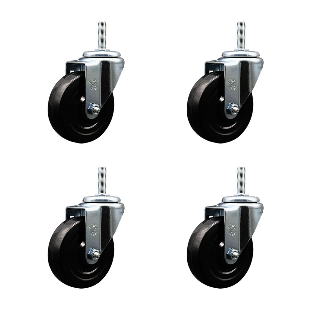 Soft Rubber Swivel Threaded Stem Caster Set of 4 w/4" x 1.25" Black Wheels and 5/8" Stems - Includes 4 Swivel - 800 lbs Total Capacity - Service Caster Brand — photo 1