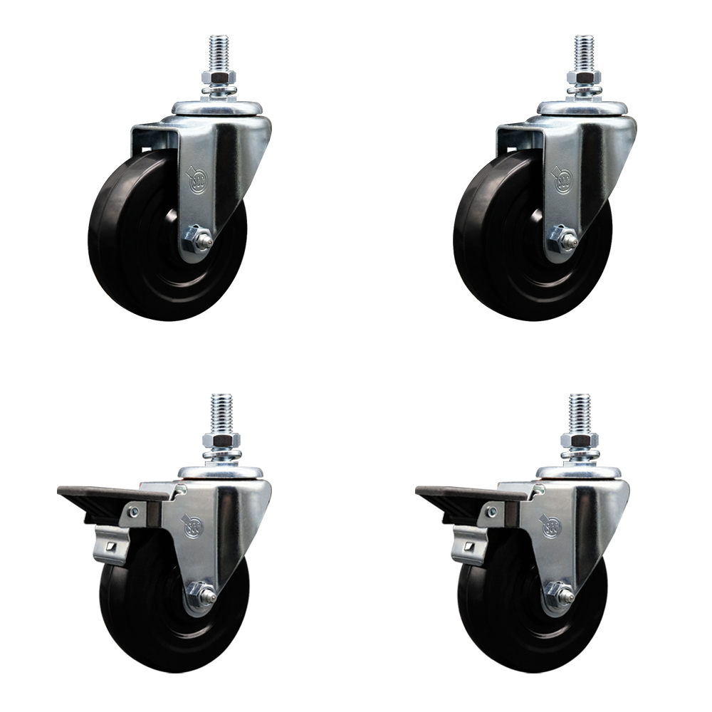 Hard Rubber Swivel Threaded Stem Caster Set of 4 w/4" x 1.25" Black Wheels and 10MM Stems - Includes 2 with Posi Locking Brake - 1,200 lbs Total Capacity - Service Caster Brand — photo 1