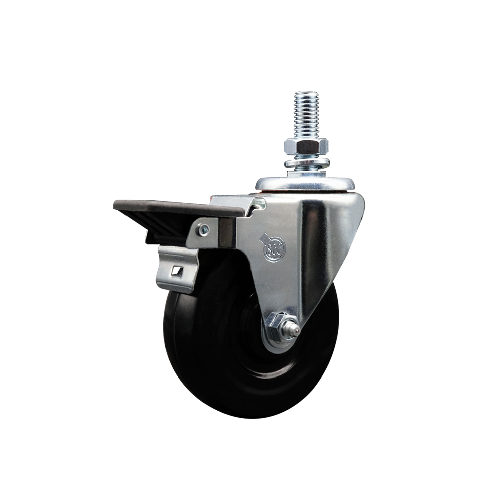 Hard Rubber Swivel Threaded Stem Caster w/4" x 1.25" Black Wheel and 1/2" Stem & Posi Locking Brake - 300 lbs Capacity/Caster - Service Caster Brand — photo 1