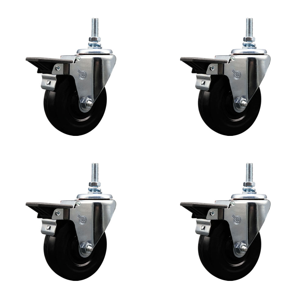 Hard Rubber Swivel Threaded Stem Caster Set of 4 w/4" x 1.25" Black Wheels and 3/8" Stems - Includes 4 with Posi Lock Brakes - 1,200 lbs Total Capacity - Service Caster Brand — photo 1