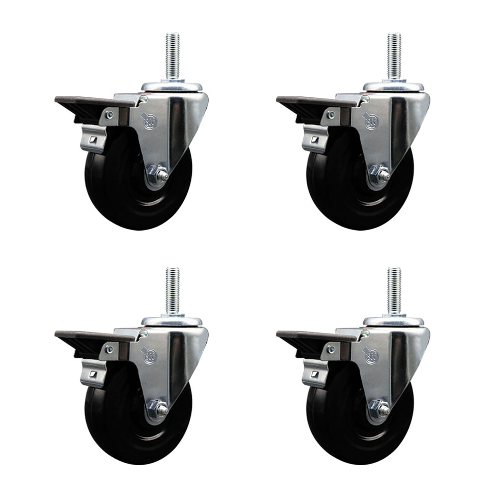 Hard Rubber Swivel Threaded Stem Caster Set of 4 w/4" x 1.25" Black Wheels and 5/8" Stems - Includes 4 with Posi Lock Brakes - 1,200 lbs Total Capacity - Service Caster Brand — photo 1