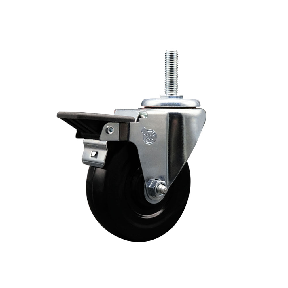 Soft Rubber Swivel Threaded Stem Caster w/4" x 1.25" Black Wheel and 5/8" Stem & Posi Locking Brake - 200 lbs Capacity/Caster - Service Caster Brand — photo 1