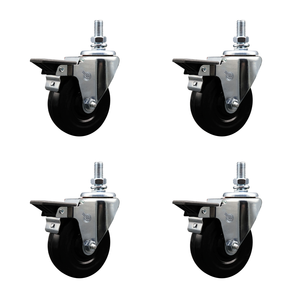 Hard Rubber Swivel Threaded Stem Caster Set of 4 w/4" x 1.25" Black Wheels and 10MM Stems - Includes 4 with Posi Lock Brakes - 1,200 lbs Total Capacity - Service Caster Brand — photo 1