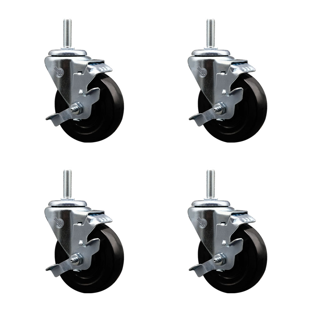 Soft Rubber Swivel Threaded Stem Caster Set of 4 w/4" x 1.25" Black Wheels and 5/8" Stems - Includes 4 with Top Lock Brakes - 800 lbs Total Capacity - Service Caster Brand — photo 1