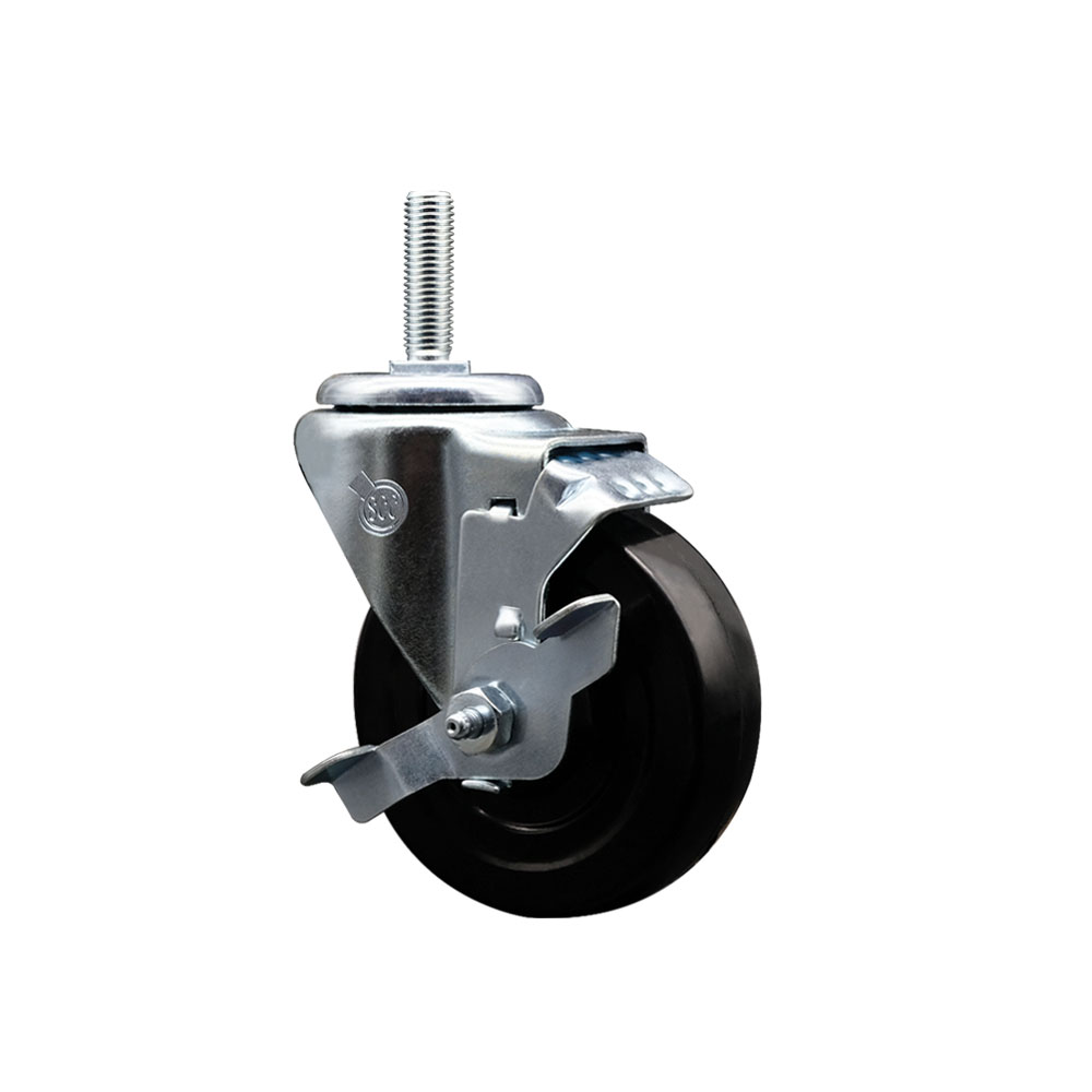 Soft Rubber Swivel Threaded Stem Caster w/4" x 1.25" Black Wheel and 5/8" Stem & Top Locking Brake - 200 lbs Capacity/Caster - Service Caster Brand — photo 1