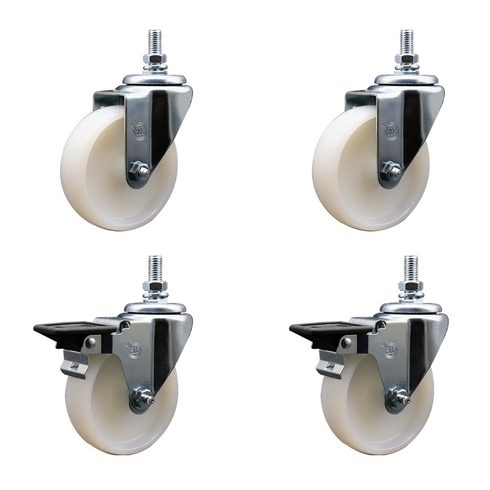 Nylon Swivel Threaded Stem Caster Set of 4 w/4" x 1.25" White Wheels and 1/2" Stems - Includes 2 with Posi Locking Brake - 1200 lbs Total Capacity - Service Caster Brand — photo 1