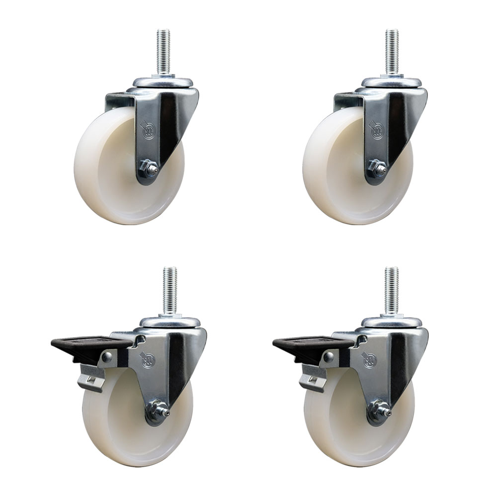 Nylon Swivel Threaded Stem Caster Set of 4 w/4" x 1.25" White Wheels and 3/4" Stems - Includes 2 with Posi Locking Brake - 1200 lbs Total Capacity - Service Caster Brand — photo 1
