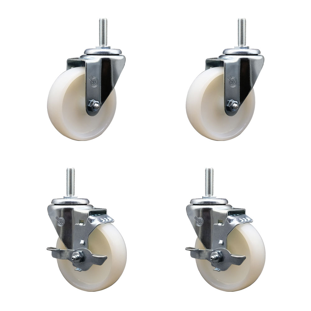 Nylon Swivel Threaded Stem Caster Set of 4 w/4" x 1.25" White Wheels and 3/4" Stems - Includes 2 with Top Locking Brake - 1200 lbs Total Capacity - Service Caster Brand — photo 1