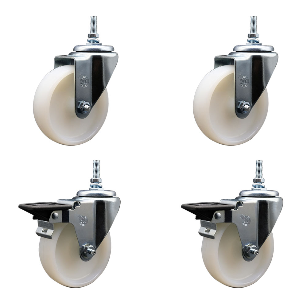 Nylon Swivel Threaded Stem Caster Set of 4 w/4" x 1.25" White Wheels and 12MM Stems - Includes 2 with Posi Locking Brake - 1200 lbs Total Capacity - Service Caster Brand — photo 1