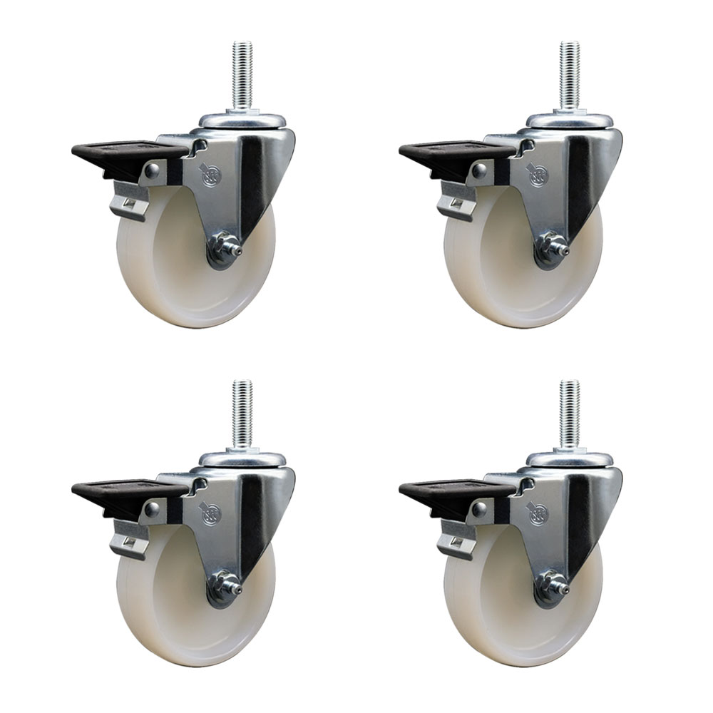 Nylon Swivel Threaded Stem Caster Set of 4 w/4" x 1.25" White Wheels and 3/4" Stems - Includes 4 with Posi Lock Brakes - 1200 lbs Total Capacity - Service Caster Brand — photo 1