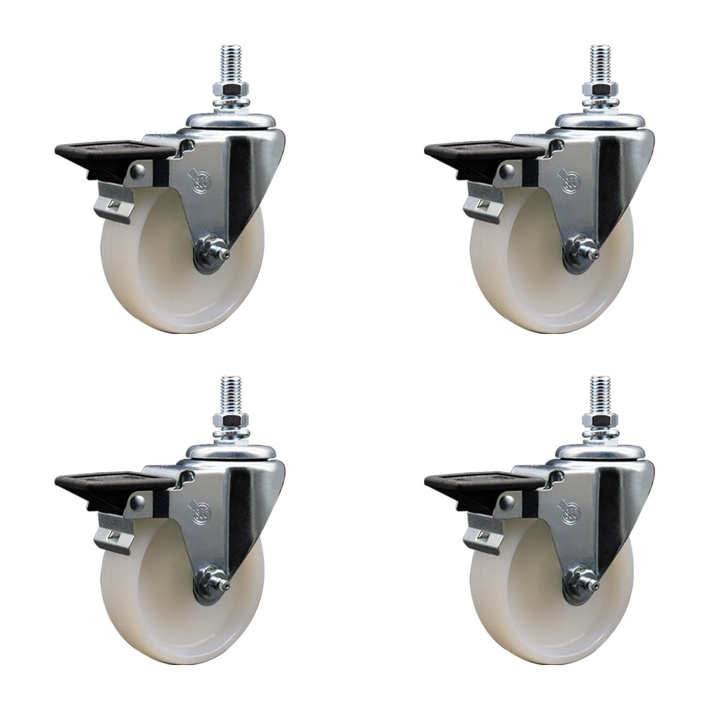 Nylon Swivel Threaded Stem Caster Set of 4 w/4" x 1.25" White Wheels and 10MM Stems - Includes 4 with Posi Lock Brakes - 1200 lbs Total Capacity - Service Caster Brand — photo 1