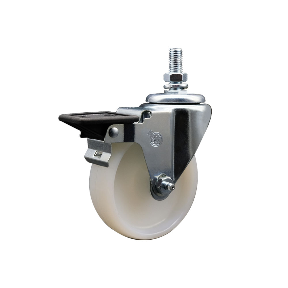 Nylon Swivel Threaded Stem Caster w/4" x 1.25" White Wheel and 10MM Stem & Posi Locking Brake - 300 lbs Capacity/Caster - Service Caster Brand — photo 1