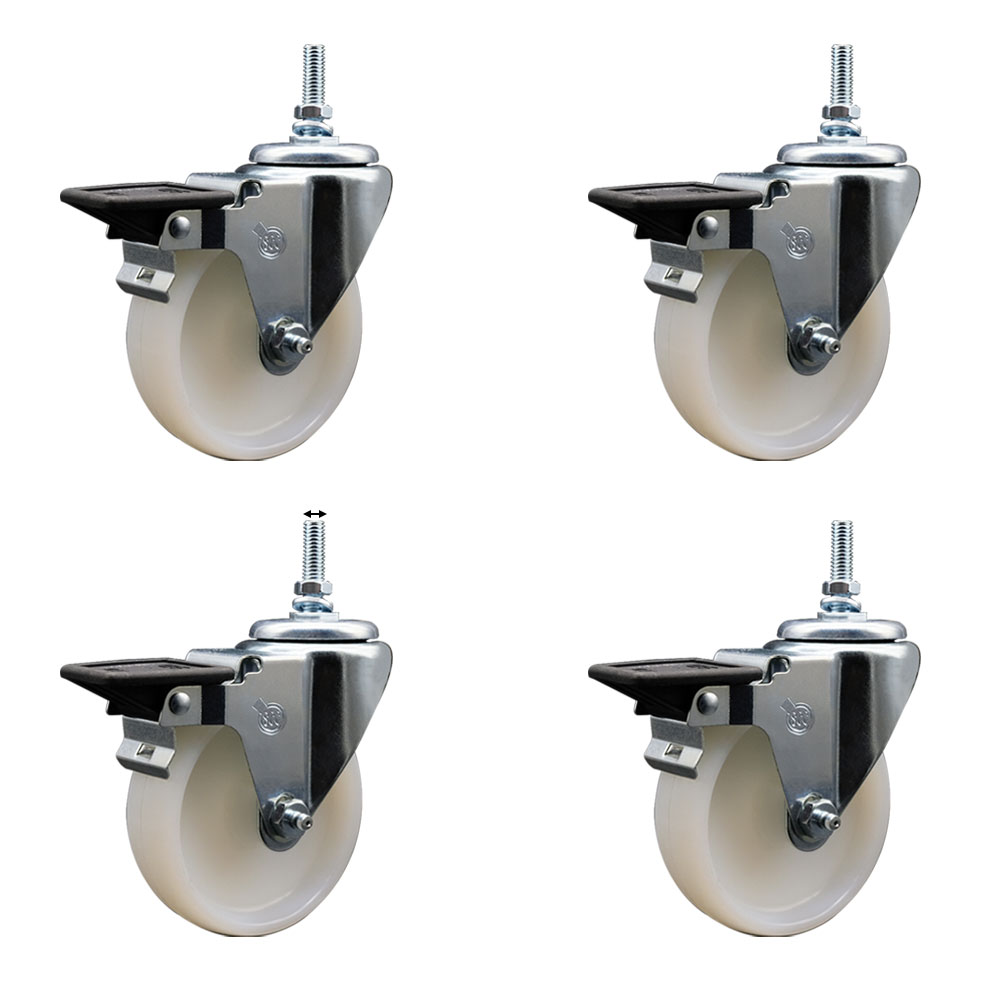 Nylon Swivel Threaded Stem Caster Set of 4 w/4" x 1.25" White Wheels and 12MM Stems - Includes 4 with Posi Lock Brakes - 1200 lbs Total Capacity - Service Caster Brand — photo 1