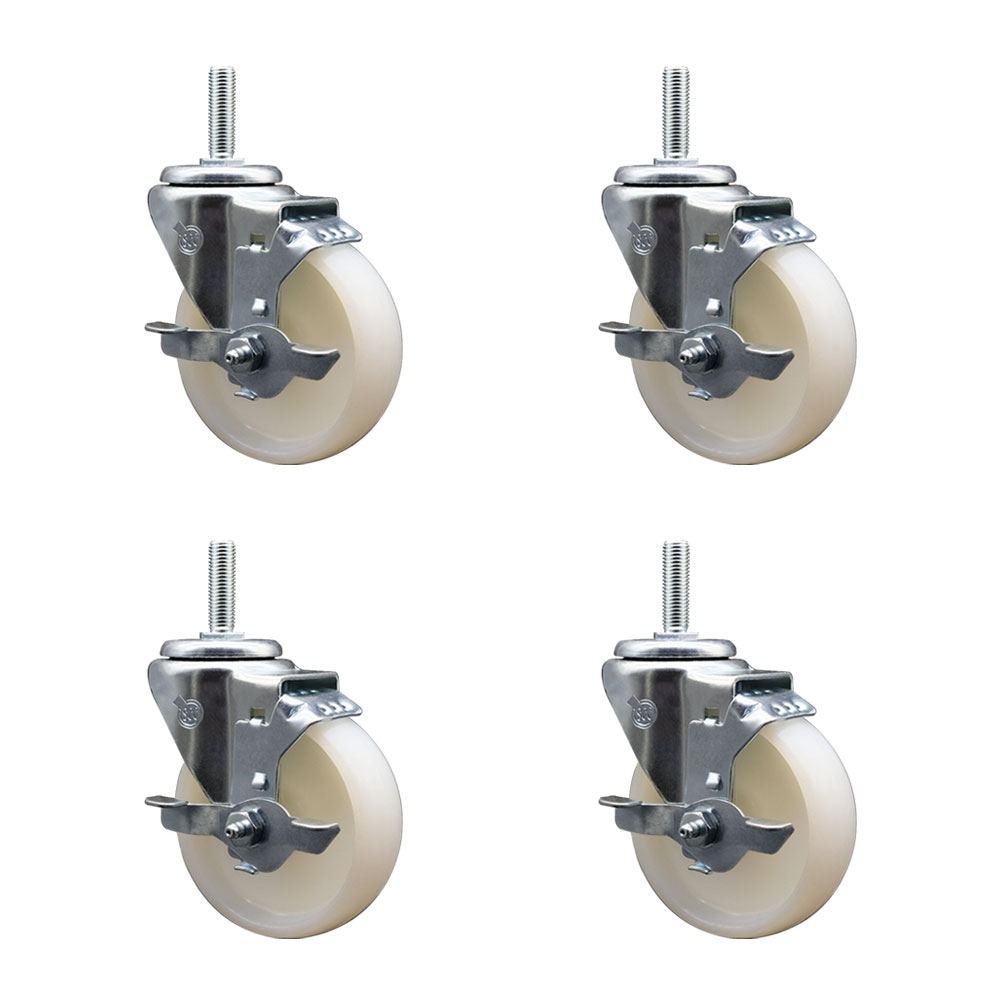 Nylon Swivel Threaded Stem Caster Set of 4 w/4" x 1.25" White Wheels and 3/4" Stems - Includes 4 with Top Lock Brakes - 1200 lbs Total Capacity - Service Caster Brand — photo 1