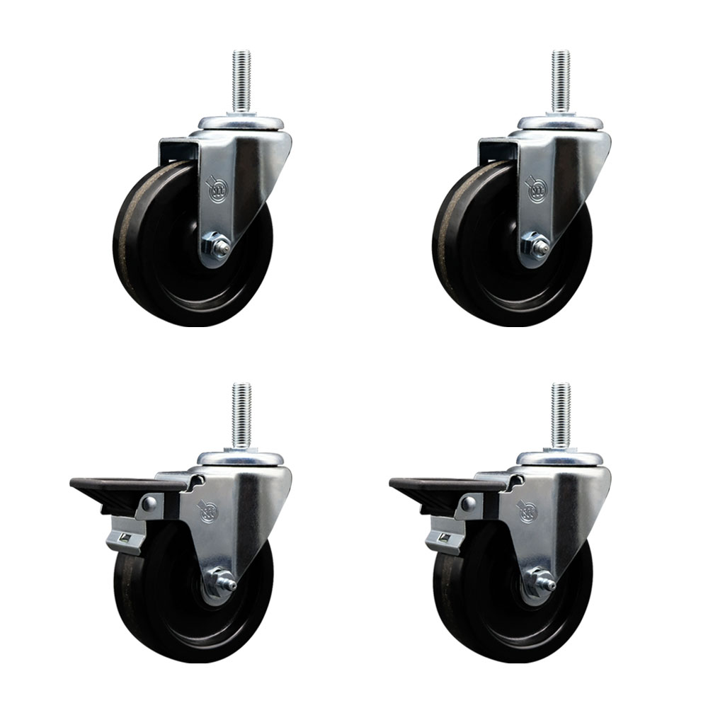 Phenolic Swivel Threaded Stem Caster Set of 4 w/4" x 1.25" Black Wheels and 3/4" Stems - Includes 2 with Posi Locking Brake - 1200 lbs Total Capacity - Service Caster Brand — photo 1