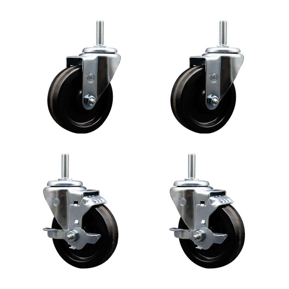 Phenolic Swivel Threaded Stem Caster Set of 4 w/4" x 1.25" Black Wheels and 3/4" Stems - Includes 2 with Top Locking Brake - 1200 lbs Total Capacity - Service Caster Brand — photo 1