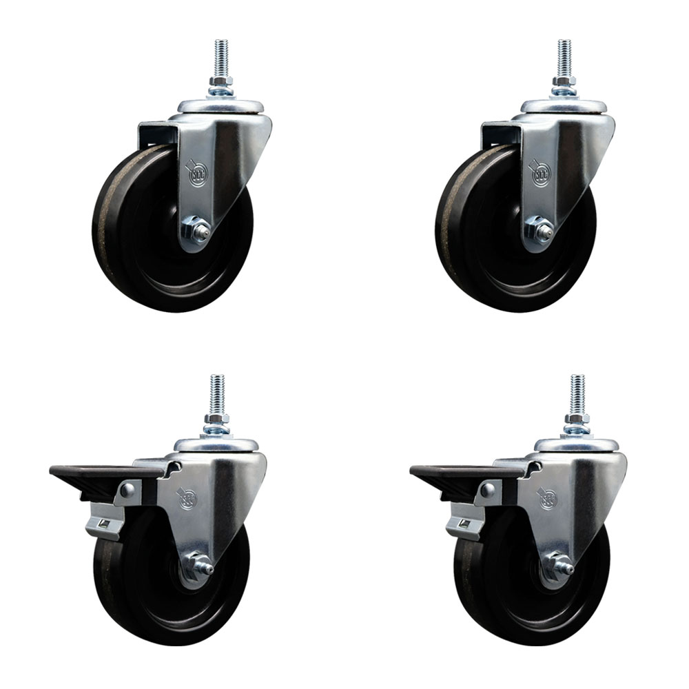 Phenolic Swivel Threaded Stem Caster Set of 4 w/4" x 1.25" Black Wheels and 3/8" Stems - Includes 2 with Posi Locking Brake - 1200 lbs Total Capacity - Service Caster Brand — photo 1