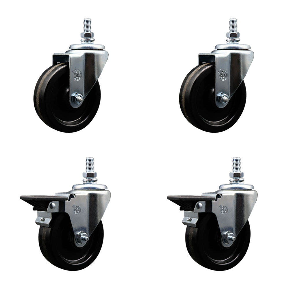Phenolic Swivel Threaded Stem Caster Set of 4 w/4" x 1.25" Black Wheels and 10MM Stems - Includes 2 with Posi Locking Brake - 1200 lbs Total Capacity - Service Caster Brand — photo 1