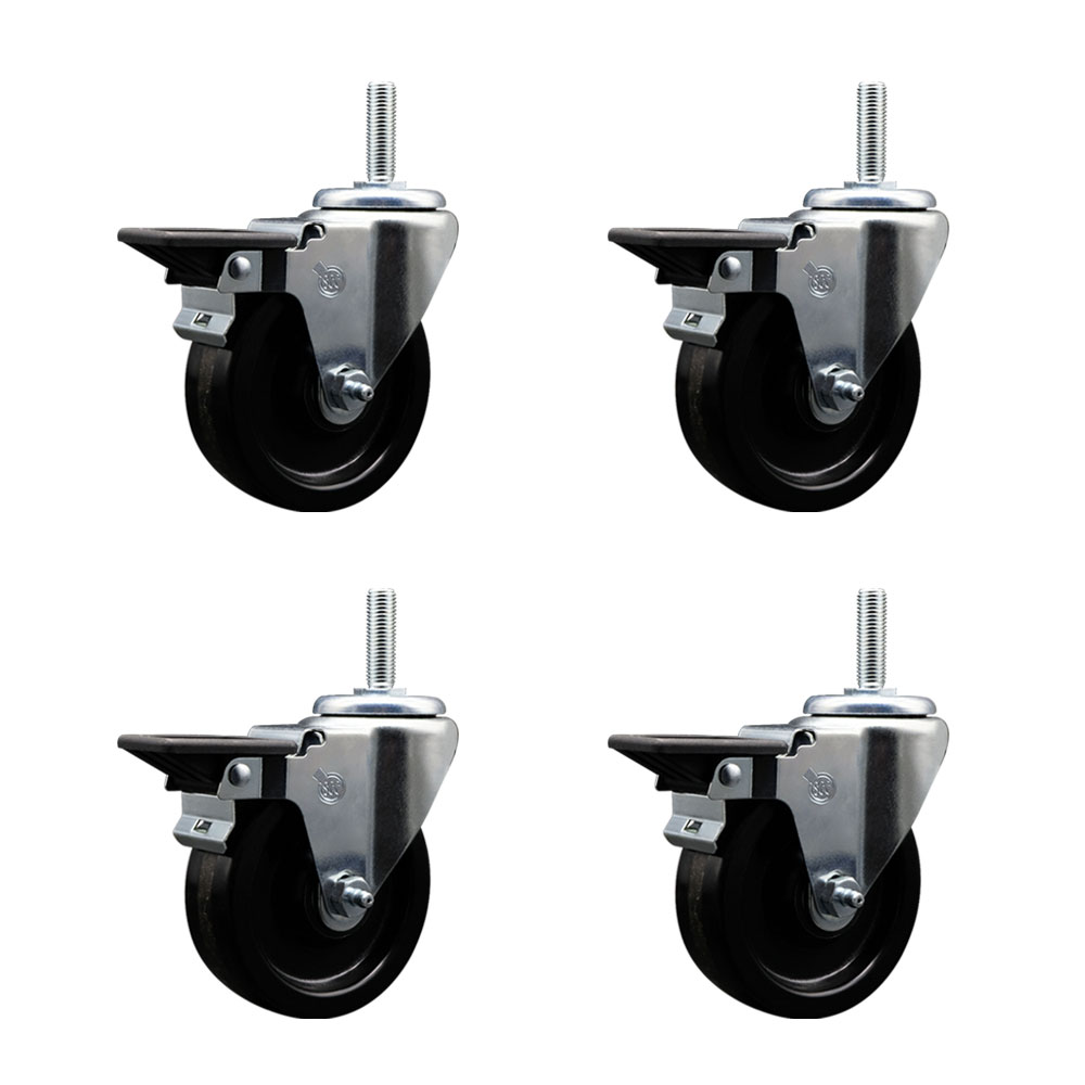 Phenolic Swivel Threaded Stem Caster Set of 4 w/4" x 1.25" Black Wheels and 3/4" Stems - Includes 4 with Posi Lock Brakes - 1200 lbs Total Capacity - Service Caster Brand — photo 1