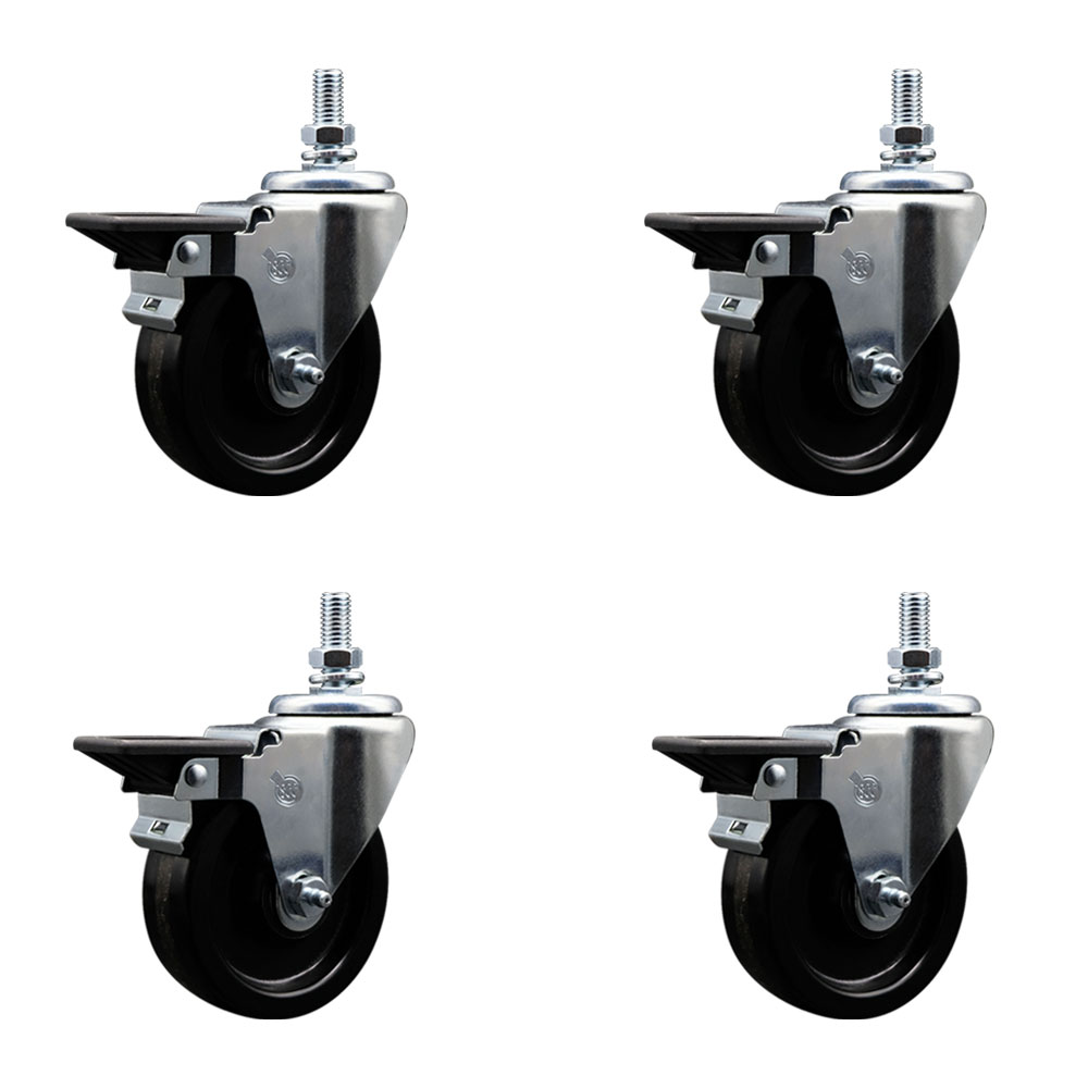 Phenolic Swivel Threaded Stem Caster Set of 4 w/4" x 1.25" Black Wheels and 10MM Stems - Includes 4 with Posi Lock Brakes - 1200 lbs Total Capacity - Service Caster Brand — photo 1