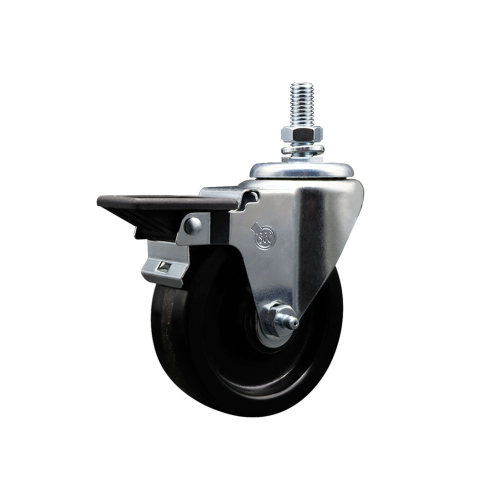 Phenolic Swivel Threaded Stem Caster w/4" x 1.25" Black Wheel and 10MM Stem & Posi Locking Brake - 300 lbs Capacity/Caster - Service Caster Brand — photo 1