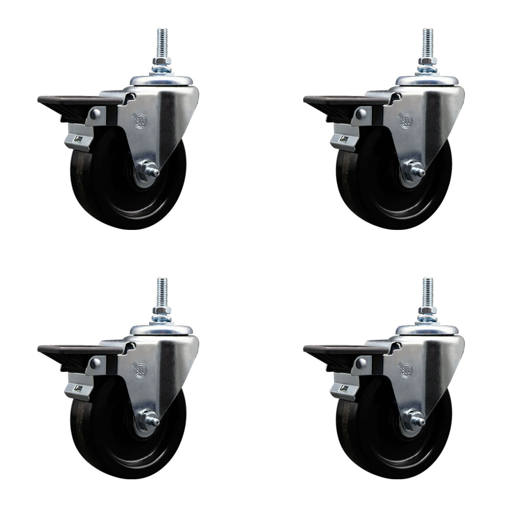 Phenolic Swivel Threaded Stem Caster Set of 4 w/4" x 1.25" Black Wheels and 12MM Stems - Includes 4 with Posi Lock Brakes - 1200 lbs Total Capacity - Service Caster Brand — photo 1