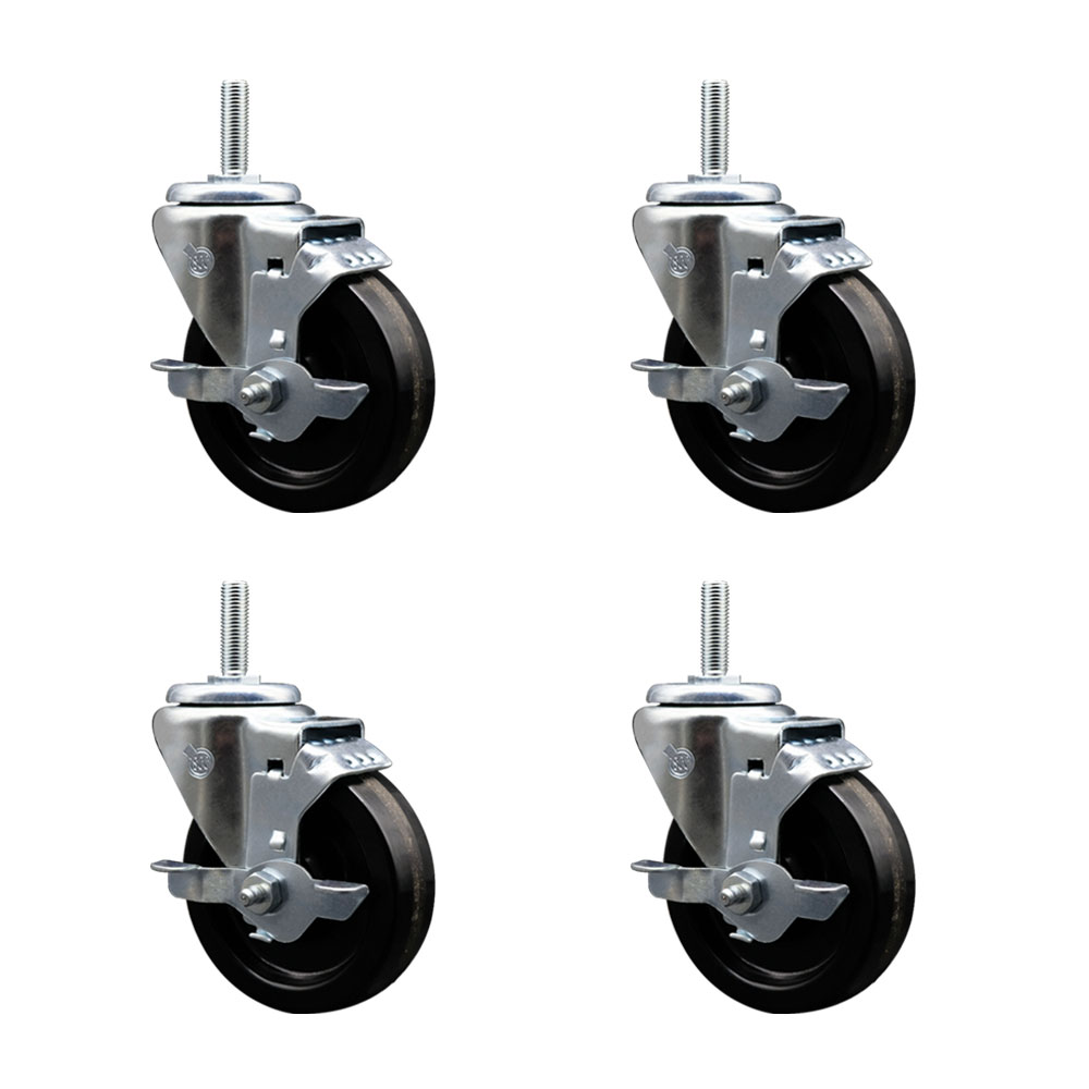 Phenolic Swivel Threaded Stem Caster Set of 4 w/4" x 1.25" Black Wheels and 3/4" Stems - Includes 4 with Top Lock Brakes - 1200 lbs Total Capacity - Service Caster Brand — photo 1