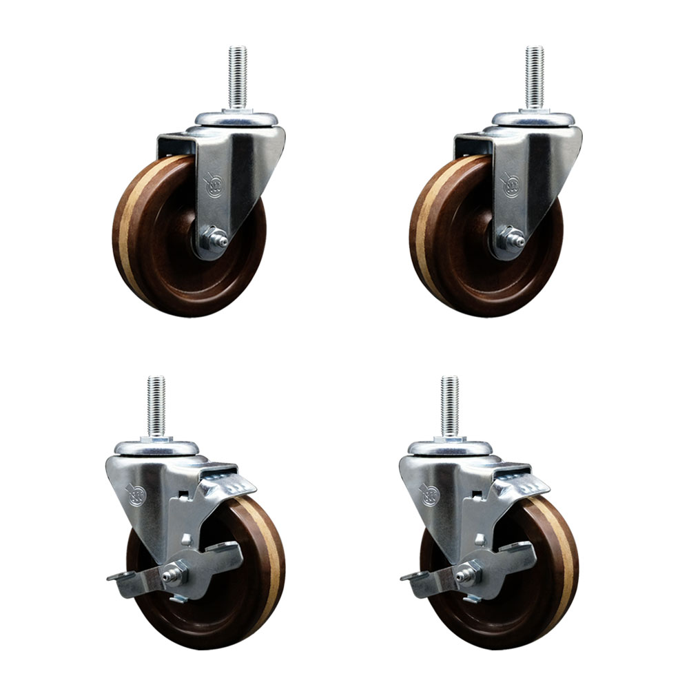 High Temp Phenolic Swivel Threaded Stem Caster Set of 4 w/4" x 1.25" Brown Wheels and 3/4" Stems - Includes 2 with Top Locking Brake - 1200 lbs Total Capacity - Service Caster Brand — photo 1