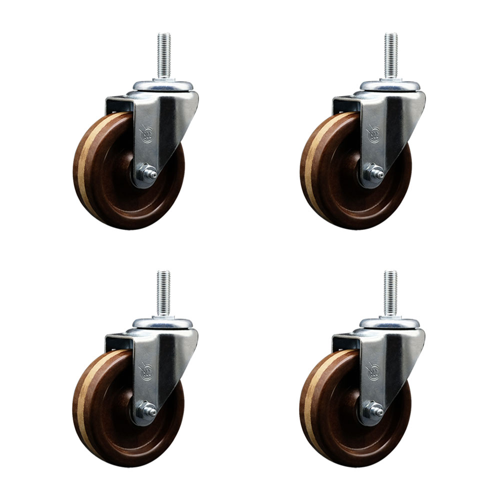 High Temp Phenolic Swivel Threaded Stem Caster Set of 4 w/4" x 1.25" Brown Wheels and 5/8" Stems - Includes 4 Swivel - 1200 lbs Total Capacity - Service Caster Brand — photo 1