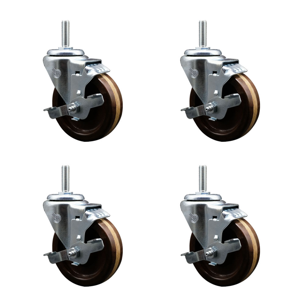 High Temp Phenolic Swivel Threaded Stem Caster Set of 4 w/4" x 1.25" Brown Wheels and 3/4" Stems - Includes 4 with Top Lock Brakes - 1200 lbs Total Capacity - Service Caster Brand — photo 1