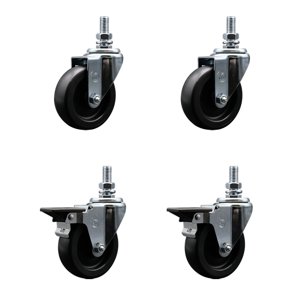 Polyolefin Swivel Threaded Stem Caster Wheels Set of 4 with 4 Inch Black Wheels and 1/2" Stems - Includes 2 with Posi Lock Brakes - 1400 lbs. Total Capacity - Service Caster Brand — photo 1