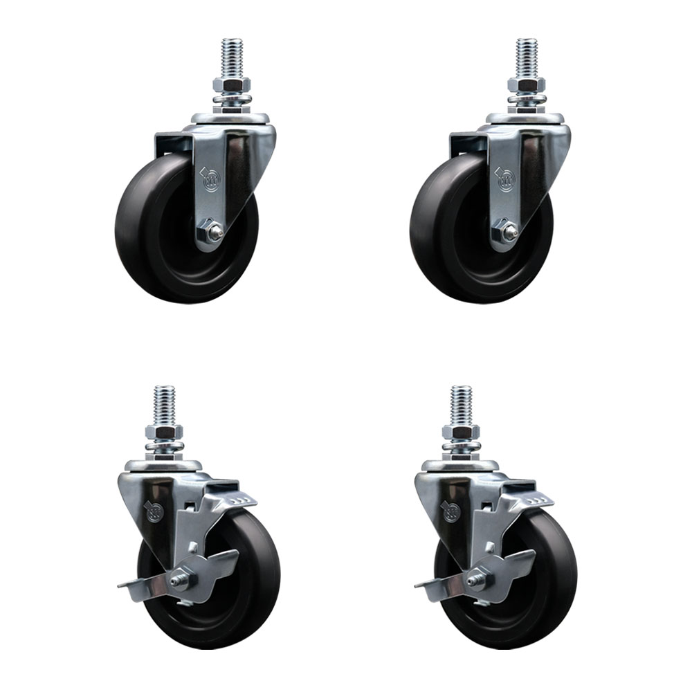 Polyolefin Swivel Threaded Stem Caster Wheels Set of 4 with 4 Inch Black Wheels and 12mm Metric Stems - Includes 2 with Top Lock Brakes - 1400 lbs. Total Capacity - Service Caster Brand — photo 1