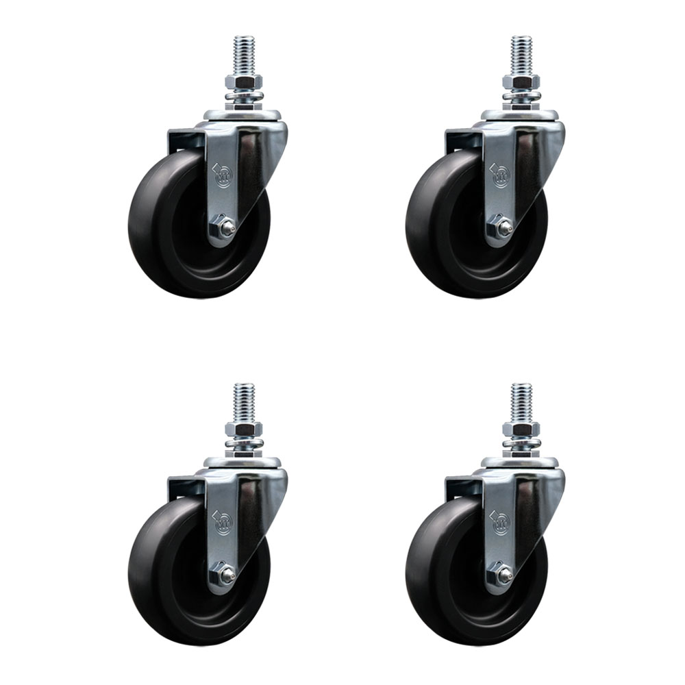 Polyolefin Swivel Threaded Stem Caster Wheels Set of 4 with 4 Inch Black Wheels and 12mm Stems - Includes 4 Swivel - 1400 lbs. Total Capacity - Service Caster Brand — photo 1