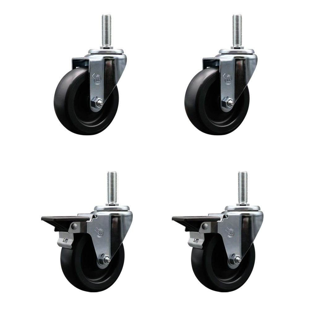 Polyolefin Swivel Threaded Stem Caster Wheels Set of 4 with 4 Inch Black Wheels and 3/4" Stems - Includes 2 with Posi Lock Brakes - 1400 lbs. Total Capacity - Service Caster Brand — photo 1
