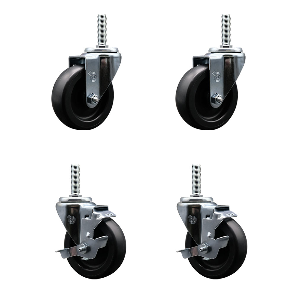 Polyolefin Swivel Threaded Stem Caster Wheels Set of 4 with 4 Inch Black Wheels and 3/4" Stems - Includes 2 with Top Lock Brakes - 1400 lbs. Total Capacity - Service Caster Brand — photo 1