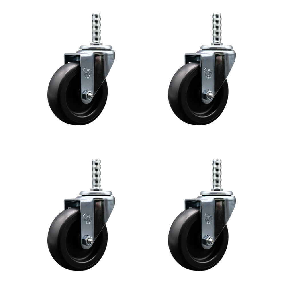 Polyolefin Swivel Threaded Stem Caster Wheels Set of 4 with 4 Inch Black Wheels and 3/4" Stems - Includes 4 Swivel - 1400 lbs. Total Capacity - Service Caster Brand — photo 1