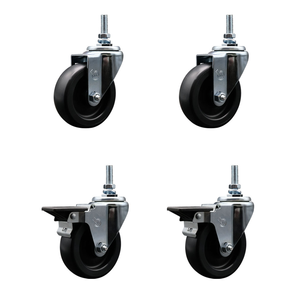 Polyolefin Swivel Threaded Stem Caster Wheels Set of 4 with 4 Inch Black Wheels and 3/8" Stems - Includes 2 with Posi Lock Brakes - 1400 lbs. Total Capacity - Service Caster Brand — photo 1