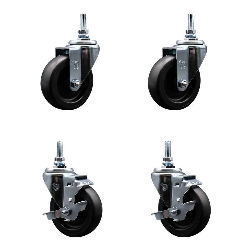 Polyolefin Swivel Threaded Stem Caster Wheels Set of 4 with 4 Inch Black Wheels and 3/8" Stems - Includes 2 with Top Lock Brakes - 1400 lbs. Total Capacity - Service Caster Brand — photo 1
