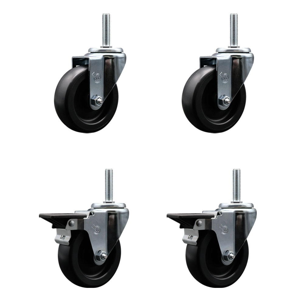 Polyolefin Swivel Threaded Stem Caster Wheels Set of 4 with 4 Inch Black Wheels and 5/8" Stems - Includes 2 with Posi Lock Brakes - 1400 lbs. Total Capacity - Service Caster Brand — photo 1
